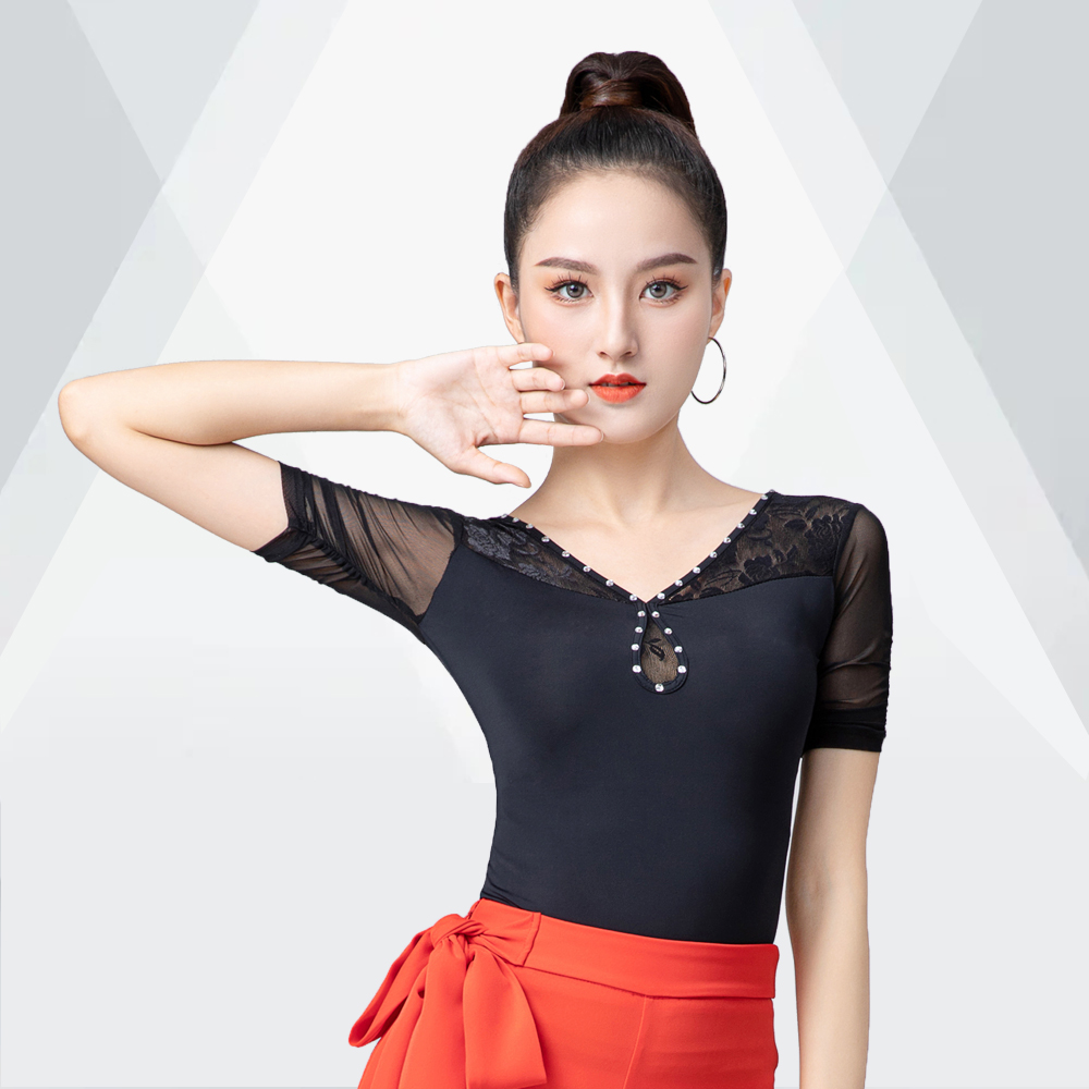 交谊舞上衣练功服装2025新款夏国标摩登华尔兹跳舞蹈时尚黑色短袖