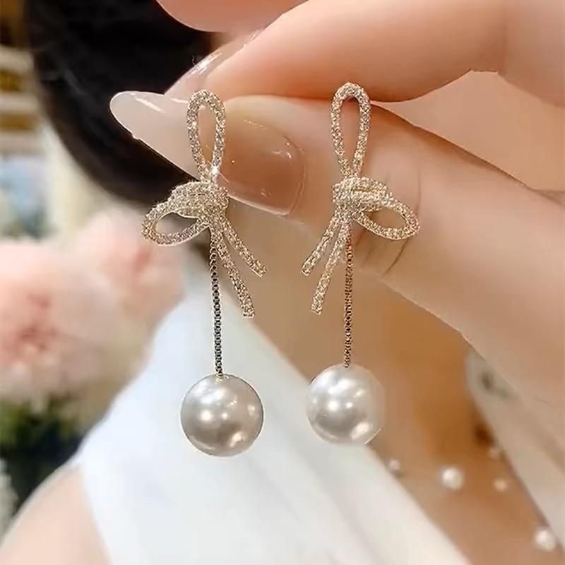 925银耳饰 纯银针蝴蝶结流苏珍珠耳钉气质女耳环小众轻奢长款百搭