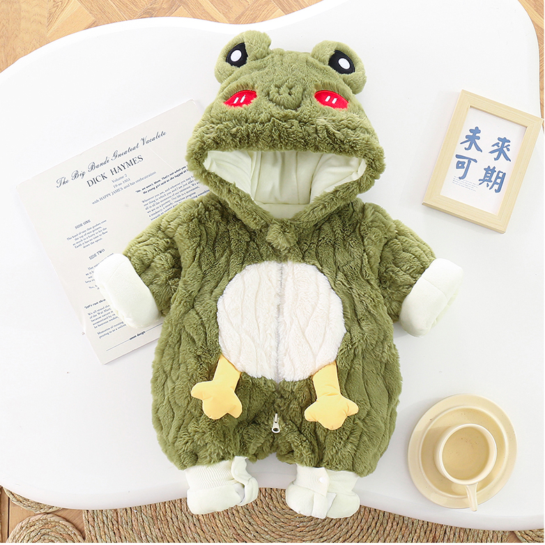 【小青蛙】婴儿衣服外套冬装哈衣加绒夹棉保暖宝宝外出连体衣毛毛