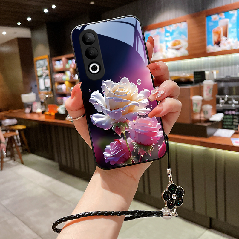 绽放玫瑰适用oppoK12Plus手机壳玻璃壳女挂绳超薄硅胶全包镜头网