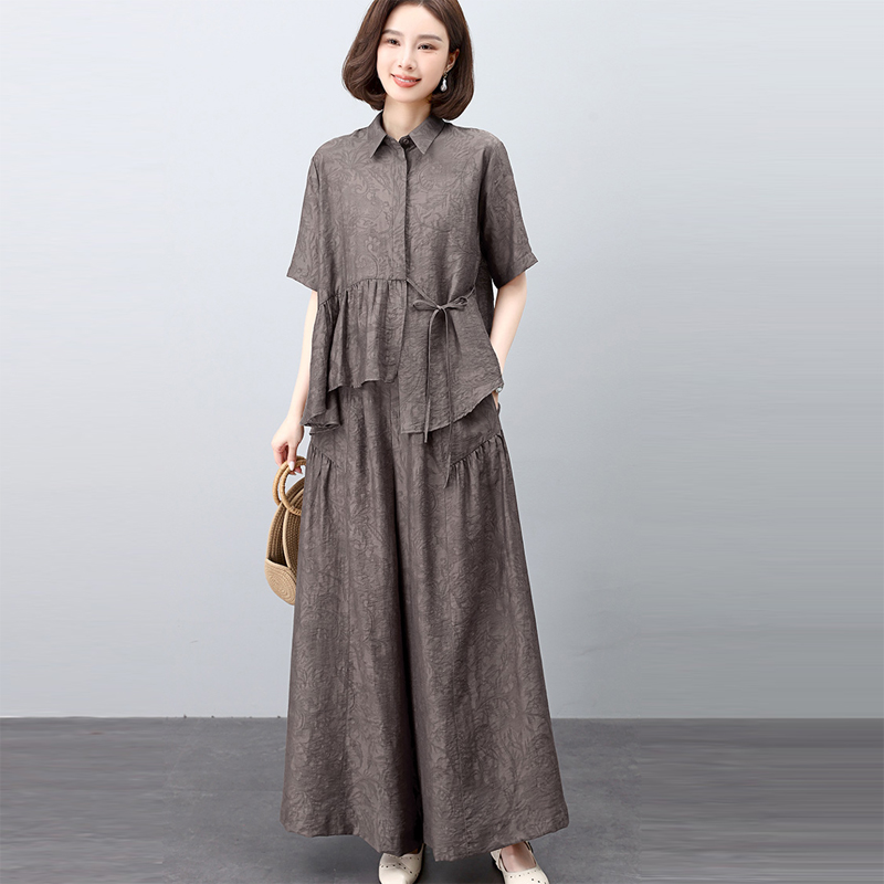 薄款休闲天丝衬衫阔腿裤套装女夏妈妈洋气减龄时尚高端宽松两件套