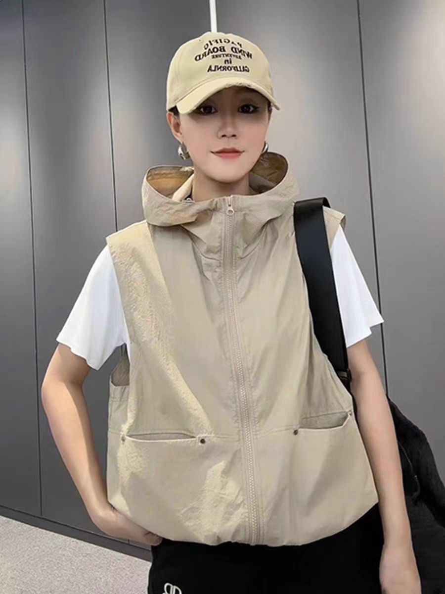 【双层带网纱】春夏新款防晒衣马甲女时尚休闲百搭连帽薄款马夹潮