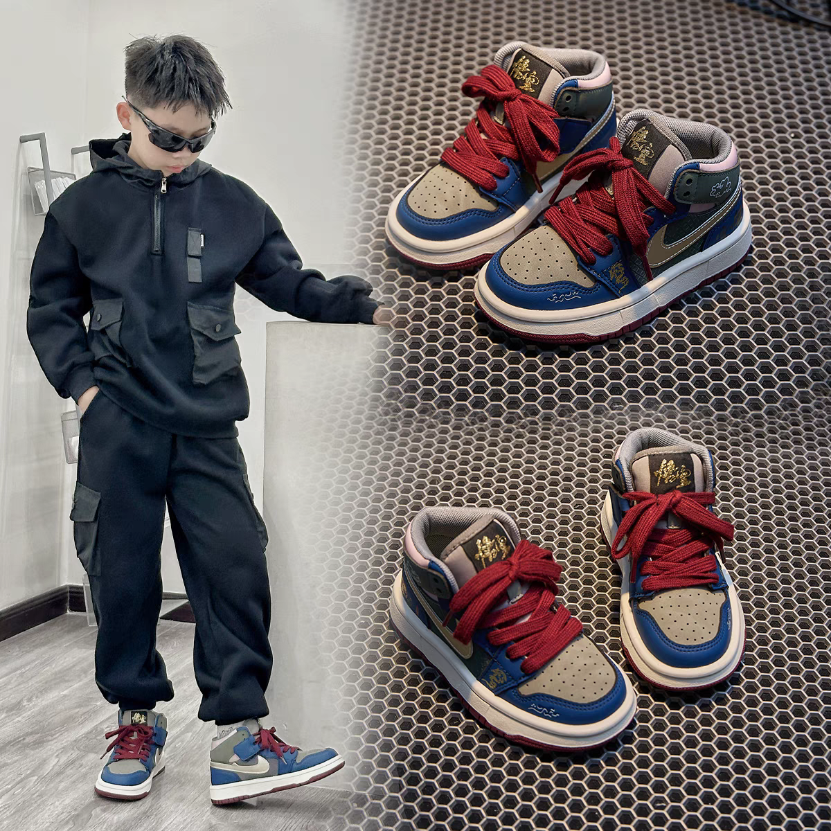 网红品牌aj儿童加绒运动鞋男女童鞋孩子学生黑神话悟空秋冬高帮鞋