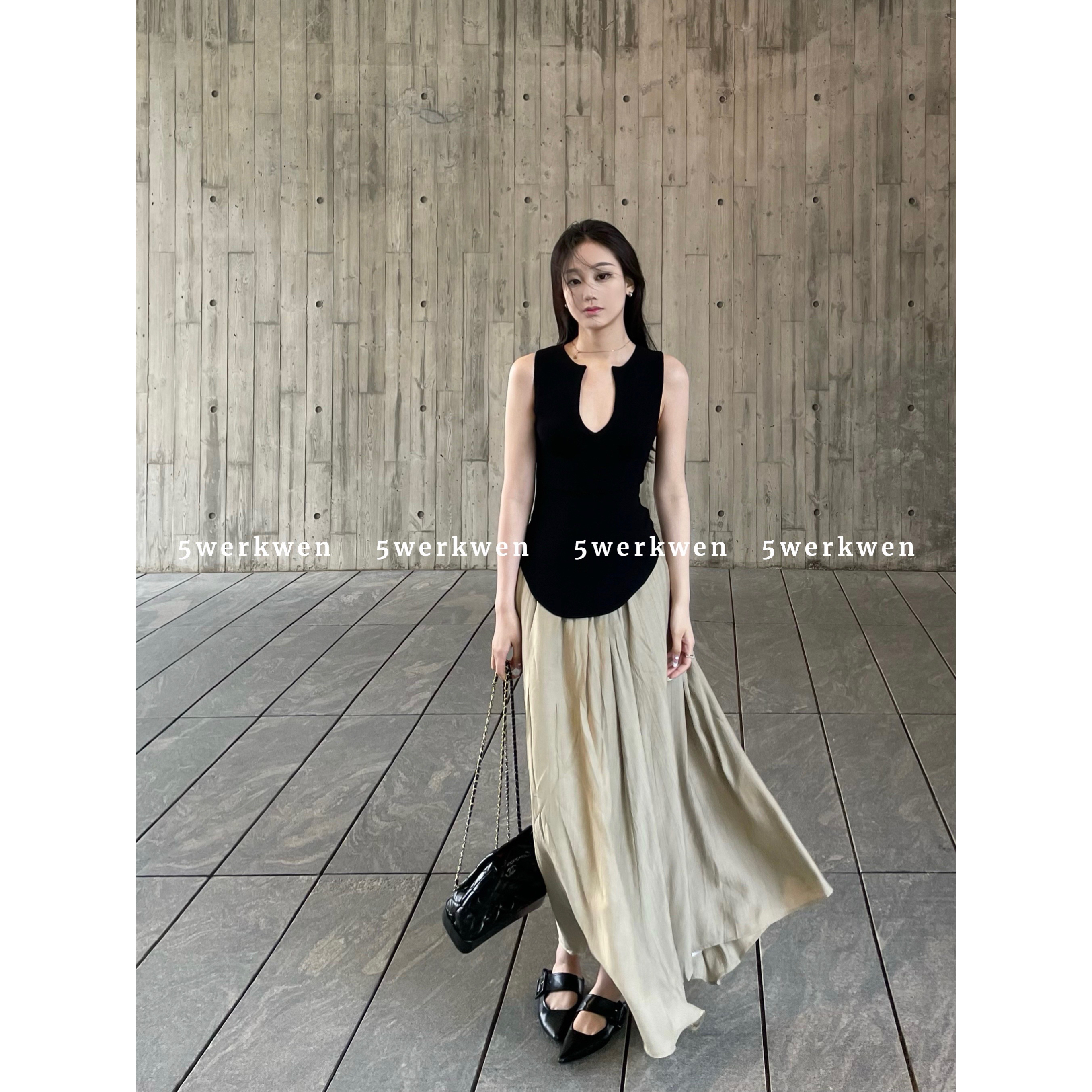 5werkwen rattan半身裙女夏季简约慵懒休闲宽松褶皱高腰遮胯长裙