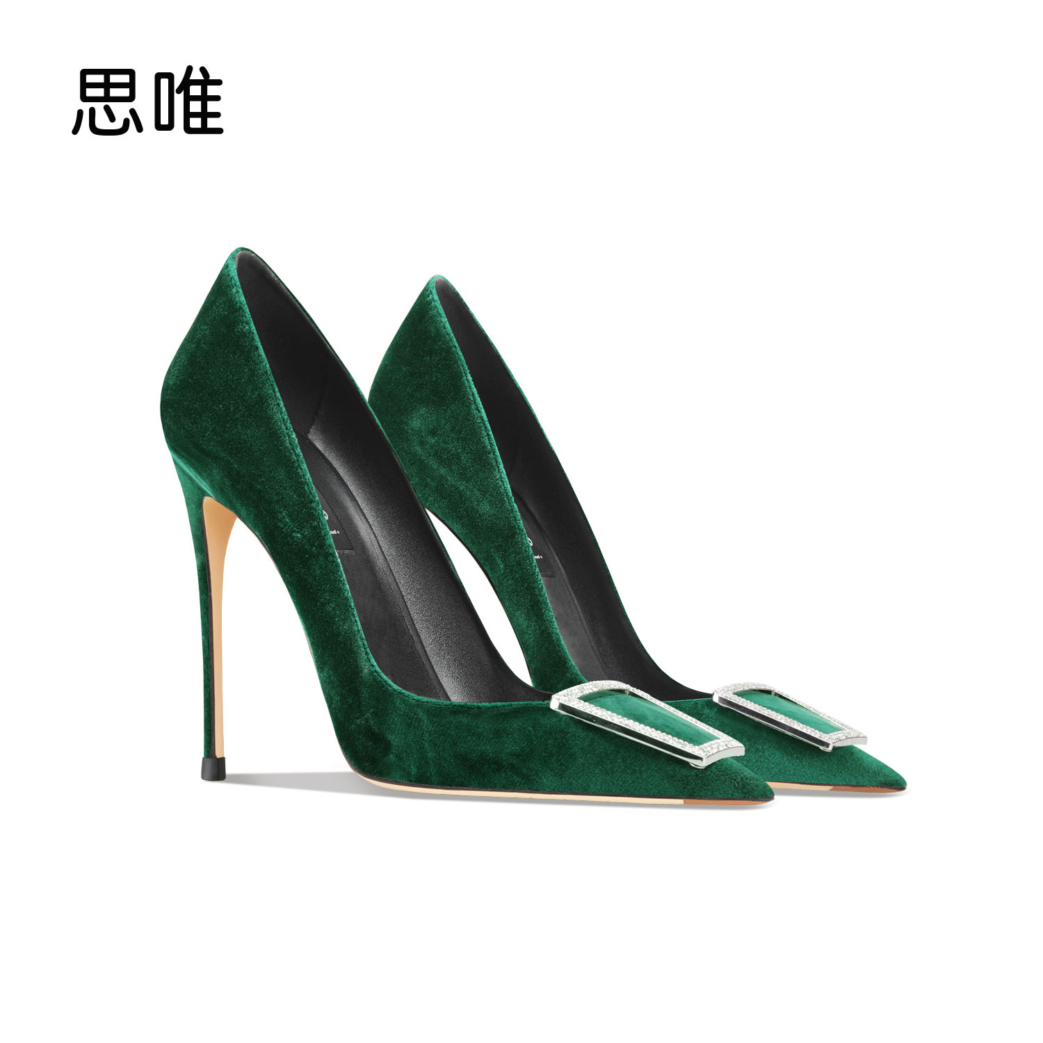 墨绿绒面水钻搭扣高跟鞋女2024年新款尖头细跟性感职业OL单鞋气质