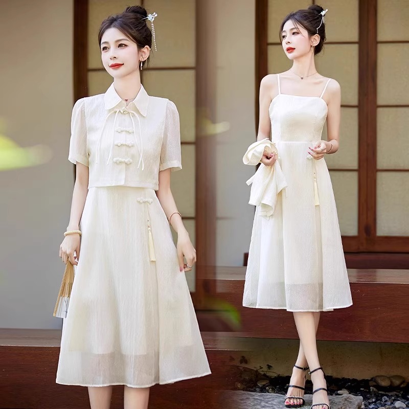 新中式国风连衣裙女2025夏新款短袖衬衫配吊带裙子汉服两件套6601