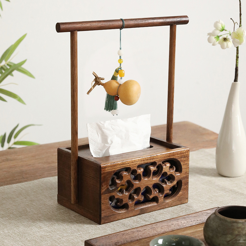 【高端实木】异丽客厅新中式餐巾纸盒收纳抽纸茶室复古摆件古风纸巾