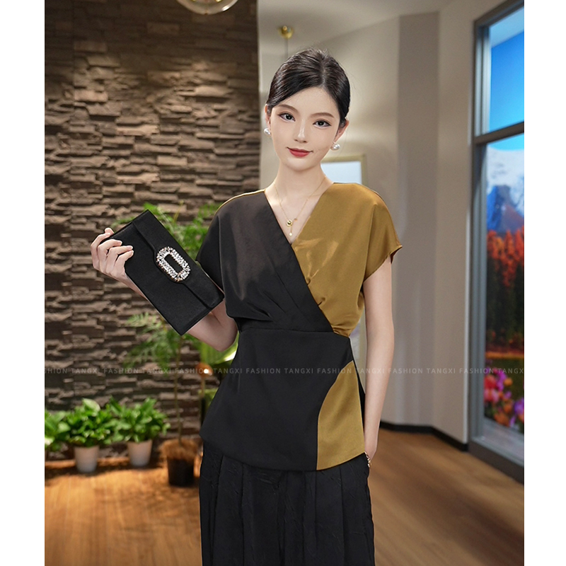 唐熹现货2025年夏季新款【Q24-X606】高级气质拼色高级缎面衬衫上衣