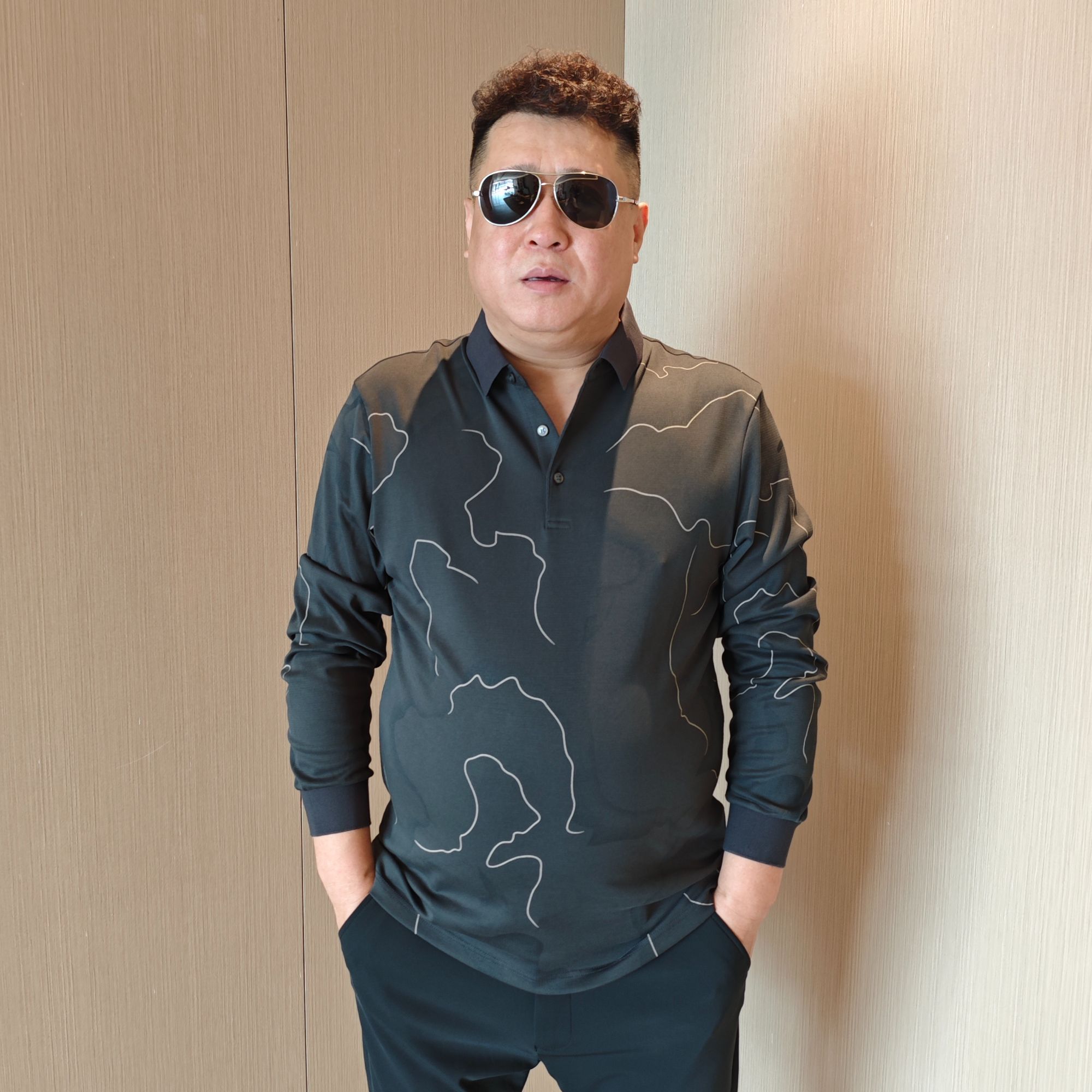 男士加大码秋季时尚轻奢翻领印花修身休闲长袖T恤衫大码男装T恤DJ