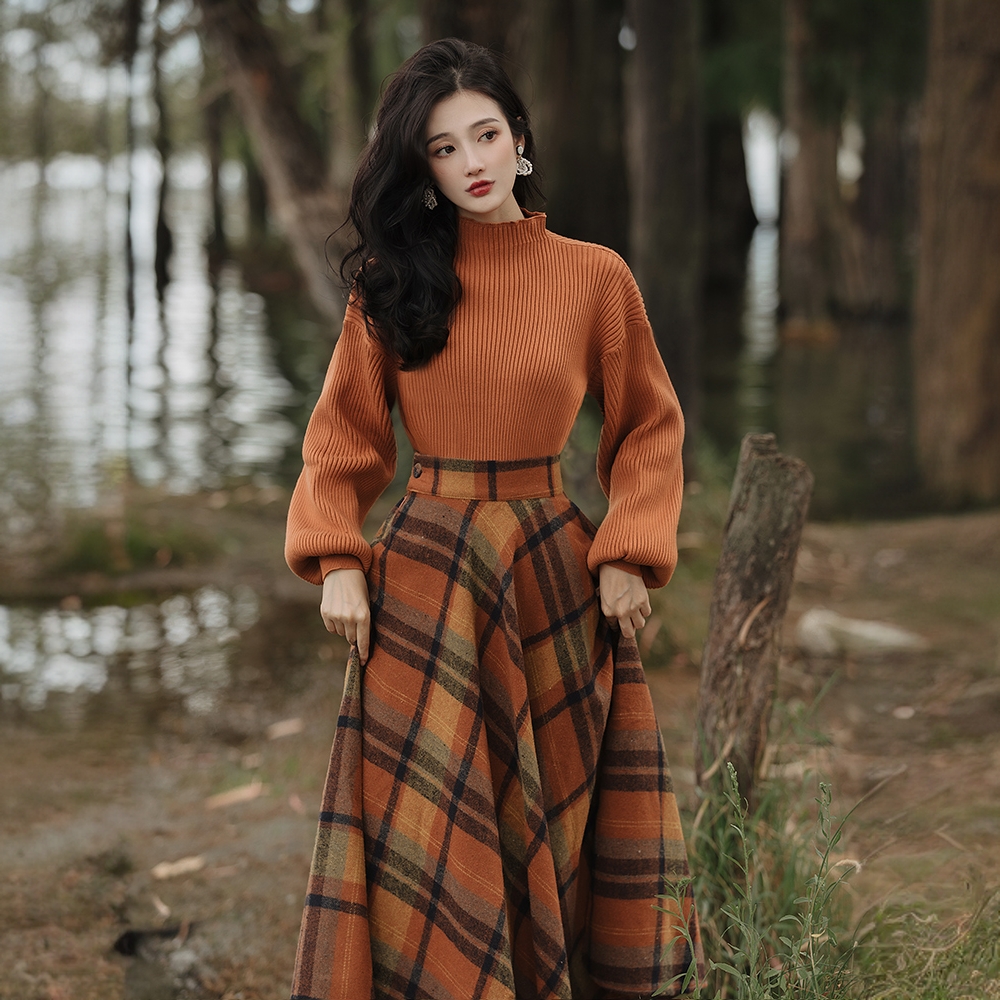 秋冬套装女2025新款法式气质温柔风针织毛衣显瘦格纹半身裙两件套