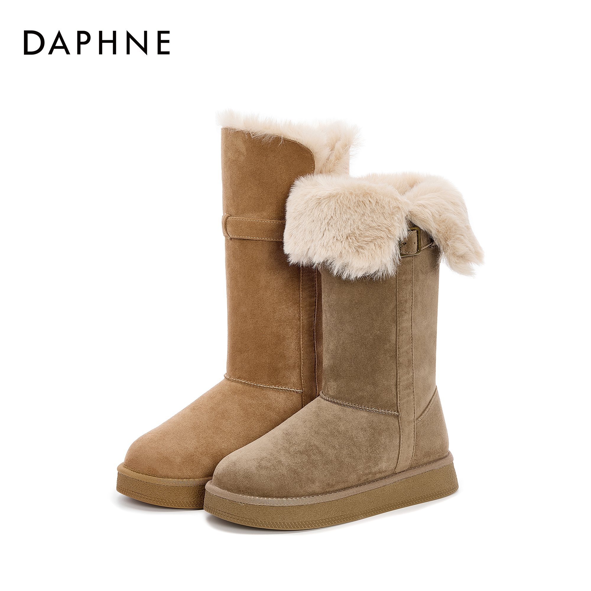 【达芙妮】新款冬季复古圆头厚底加绒加厚长筒雪地靴可两穿 跟高3