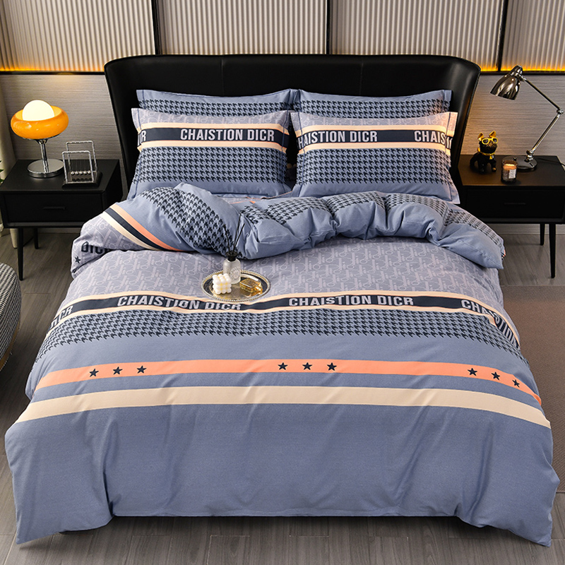 富安娜简约高档加厚纯棉亲肤四件套全棉磨毛斜纹床单式单人磨毛被