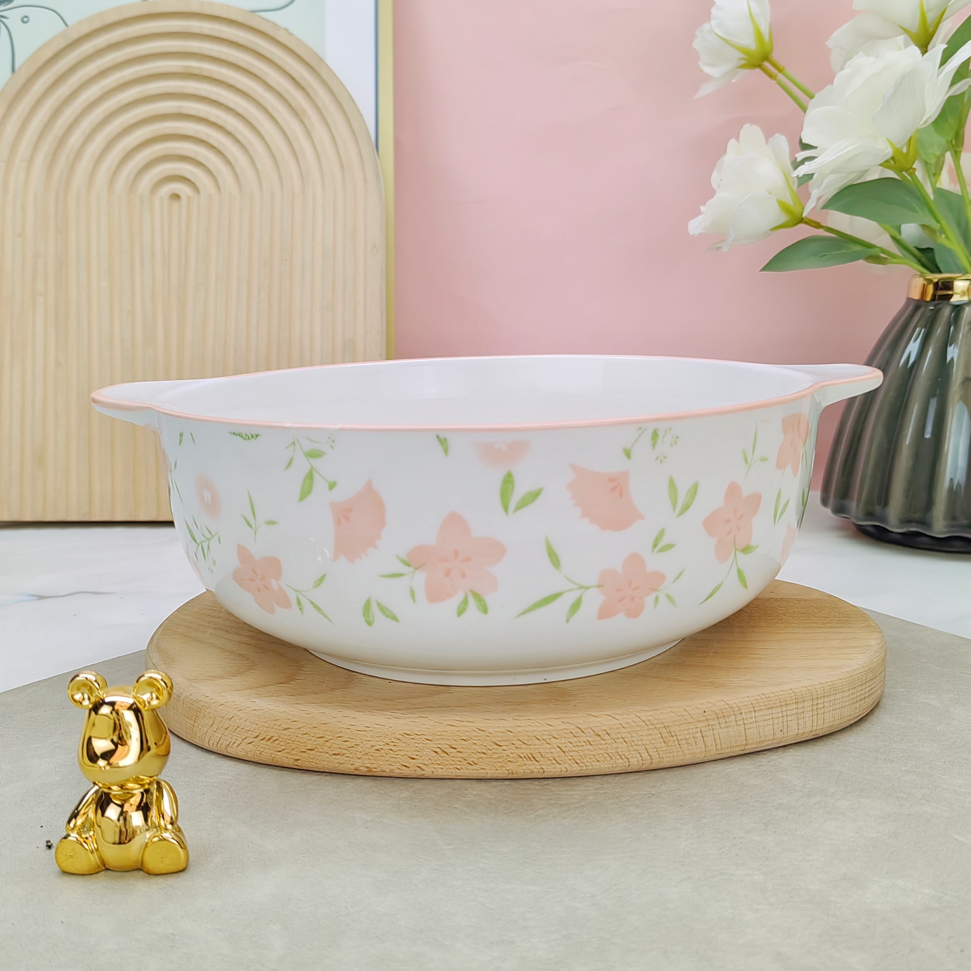 十里桃花双耳碗少女心家用陶瓷餐具10.5英双耳酸菜鱼大碗网红餐具