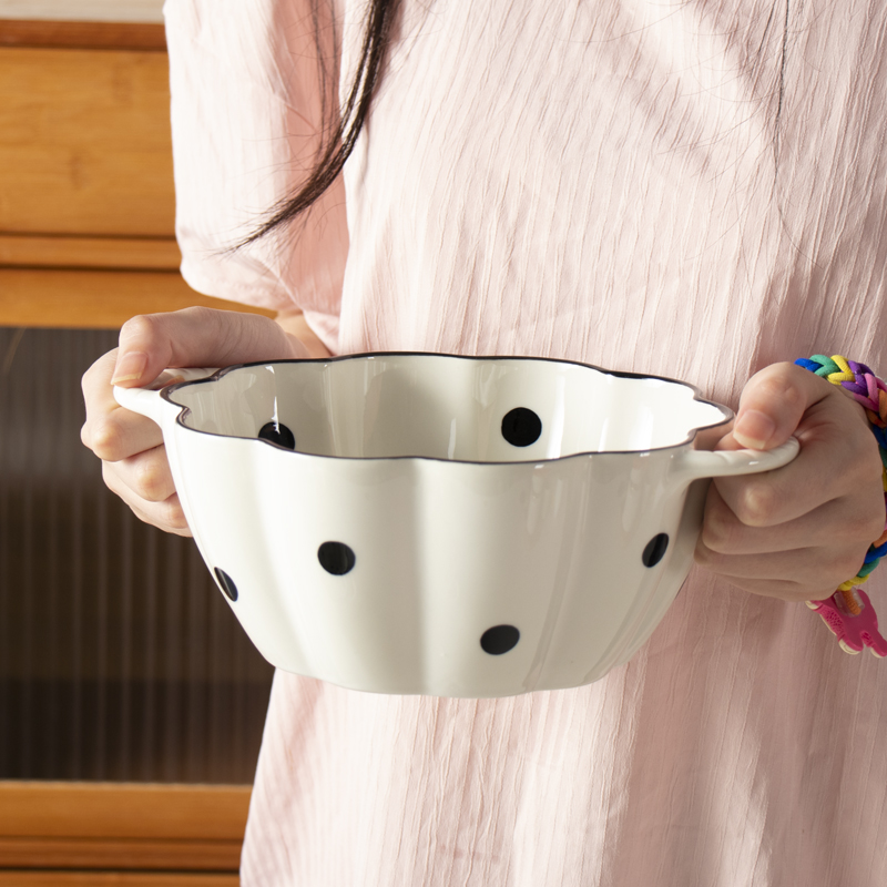 网红餐具双耳家用陶瓷大容量汤碗泡面碗高颜值装汤专用赫本风波点