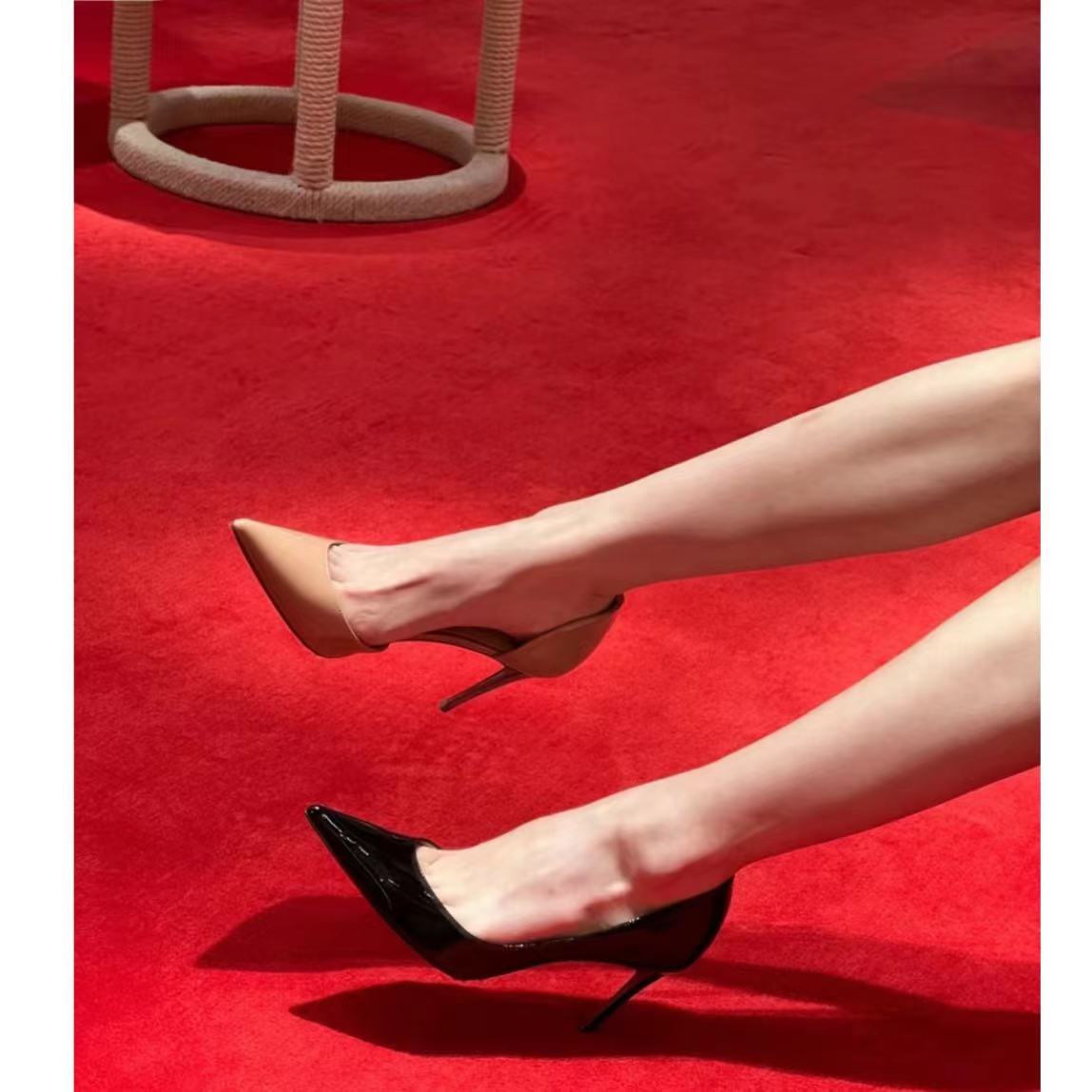 侧空单鞋女细跟2025年新款红底鞋尖头浅口气质漆皮cl红底高跟鞋