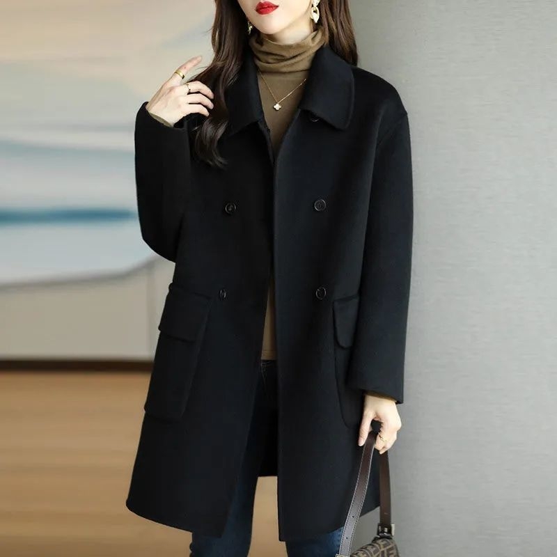 早秋重工垂感呢子大衣小个子宽松韩版中长款黑色加厚毛呢外套女