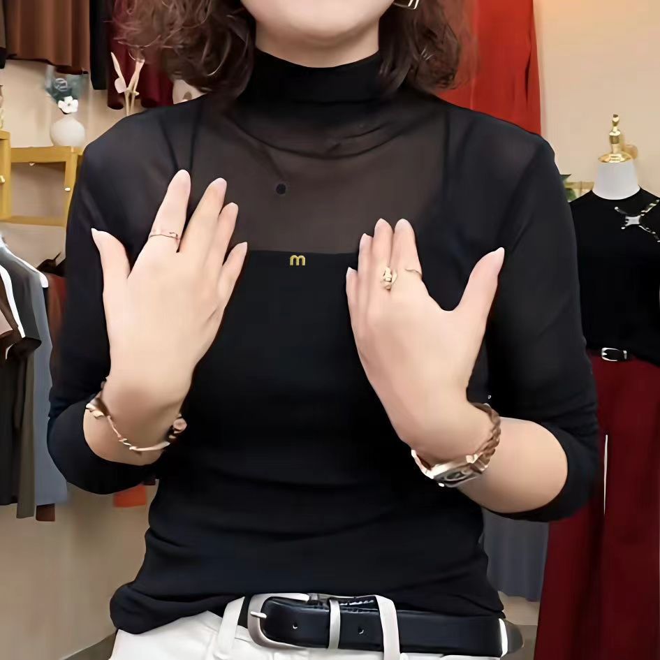 韩版拼接网纱半高领网红黑色修身加绒百搭打底衫女秋季长袖T恤