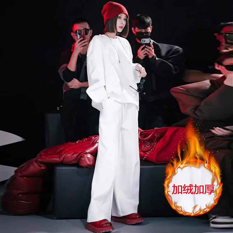 长款高级感长裤白色套装新款阔腿裤两件套气质加绒加厚卫衣小香风
