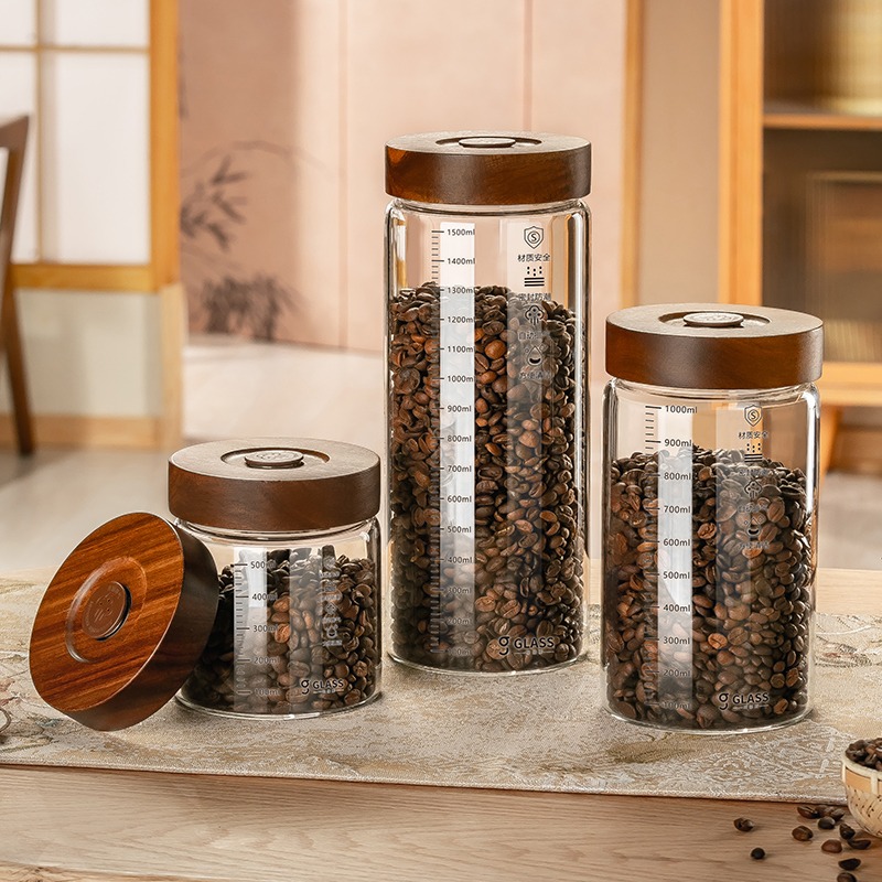 家用大容量玻璃密封罐自动排气咖啡罐带盖防潮储存罐咖啡豆透明罐
