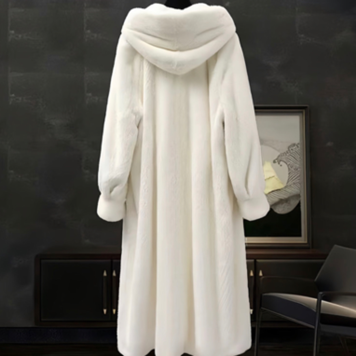 高档欧貂绒皮毛一体连帽长款大衣仿水貂外套110衣长秋冬女款气质