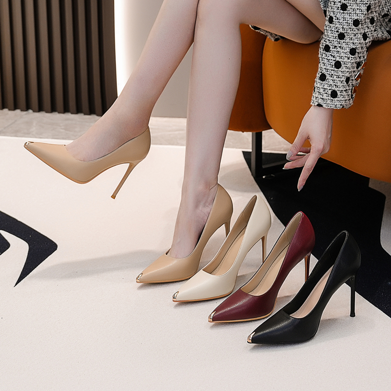 黑色高跟鞋女细跟羊皮2025年新款性感百搭尖头裸色工作鞋职业单鞋