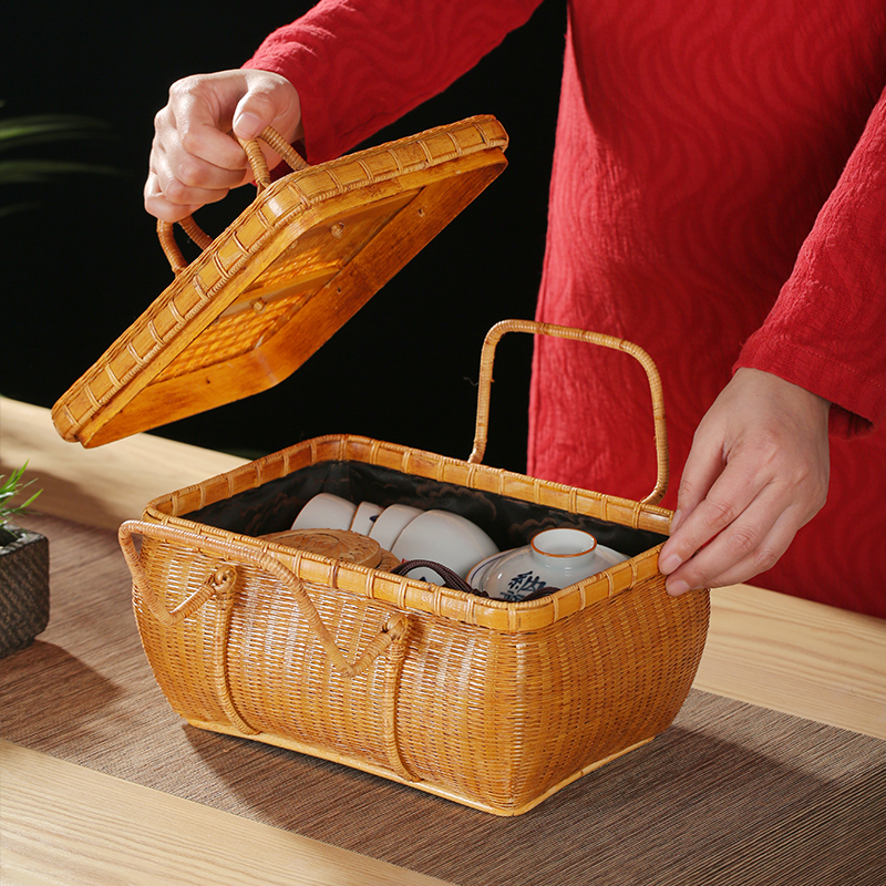 手工令竹竹编夏梦带内衬茶收纳箱外出手提便携复古精编人藤箱竹箱