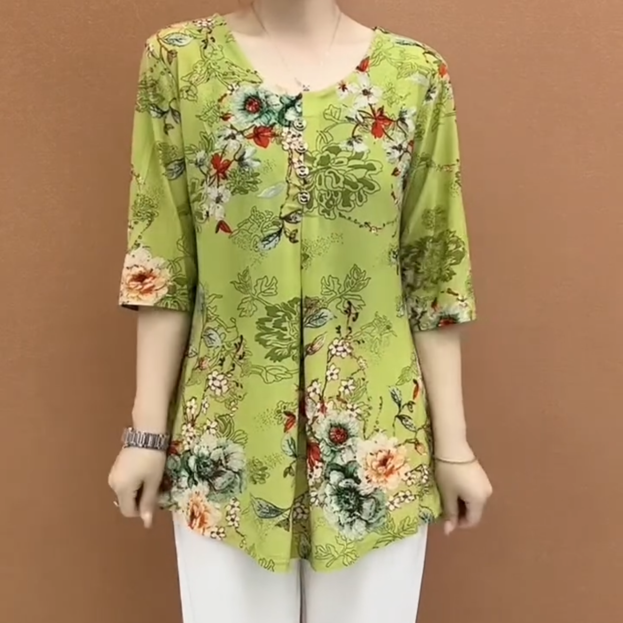 百搭新款妈妈装大码宽松显瘦时尚印花洋气减龄加大加肥七分袖上衣