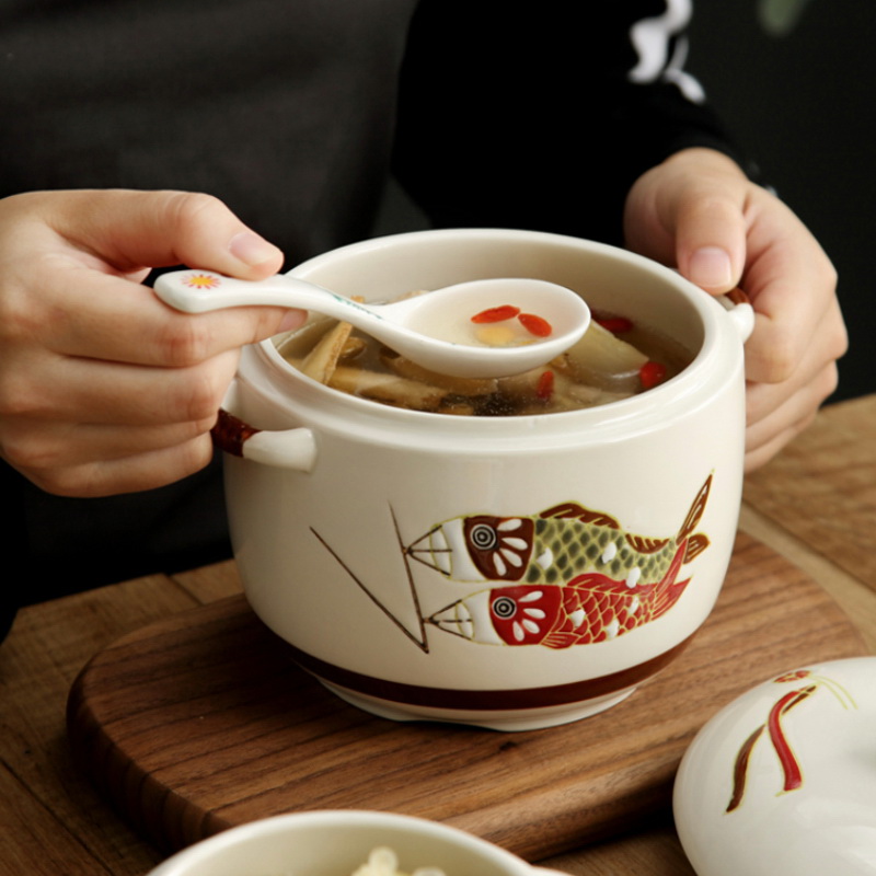 日式手绘陶瓷猪油家用陶瓷带盖炖盅带盖蒸蛋碗小汤盅家用猪油罐