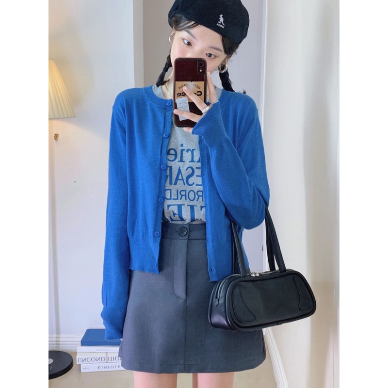 克莱茵蓝针织小开衫女秋季新款修身薄款百搭简约短款上衣外套