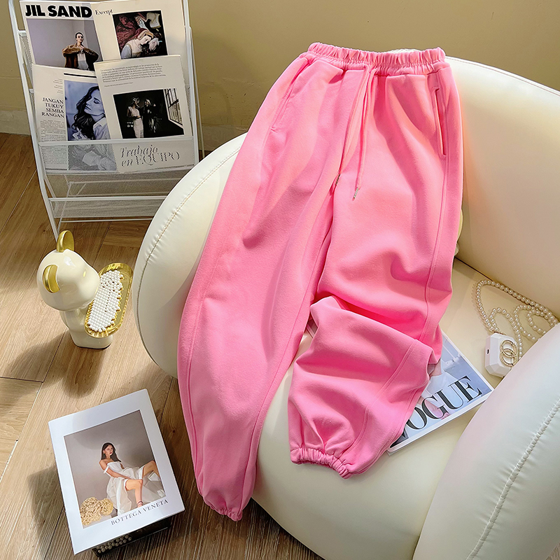 玫粉色运动裤女秋冬2026新款小个子九分哈伦休闲宽松束脚加绒卫裤