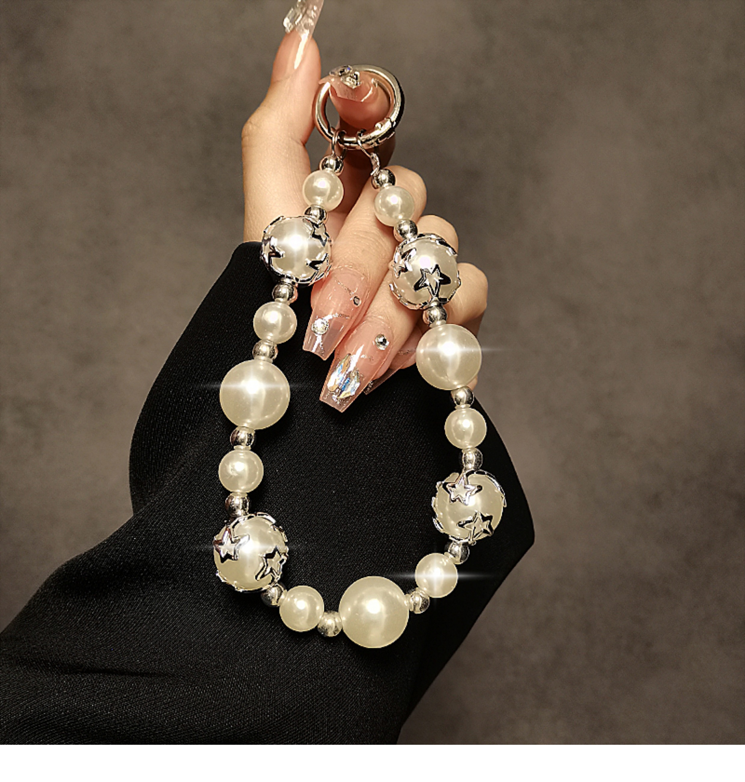 手机链ins手机壳挂绳电镀银白珠手工串珠手提短款高级感链条挂件