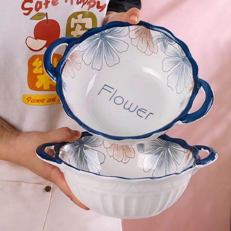 【买一赠一】 兰棕大花沙拉碗10英寸双耳大汤碗 家用陶瓷釉下彩大碗