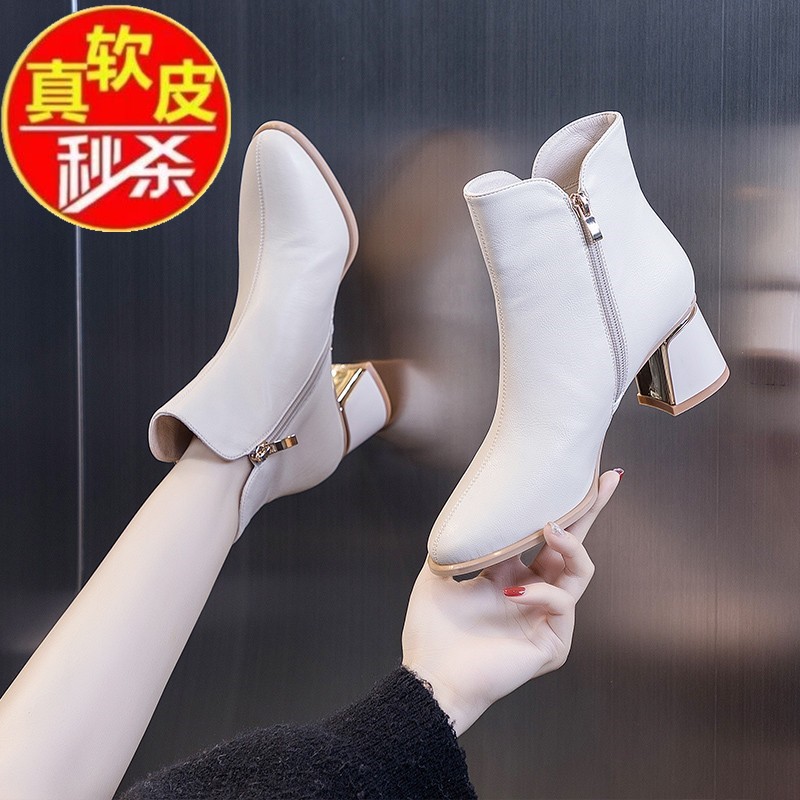 品牌断码真软皮马丁靴女2024新款真皮短靴粗跟中跟高跟鞋百搭单靴
