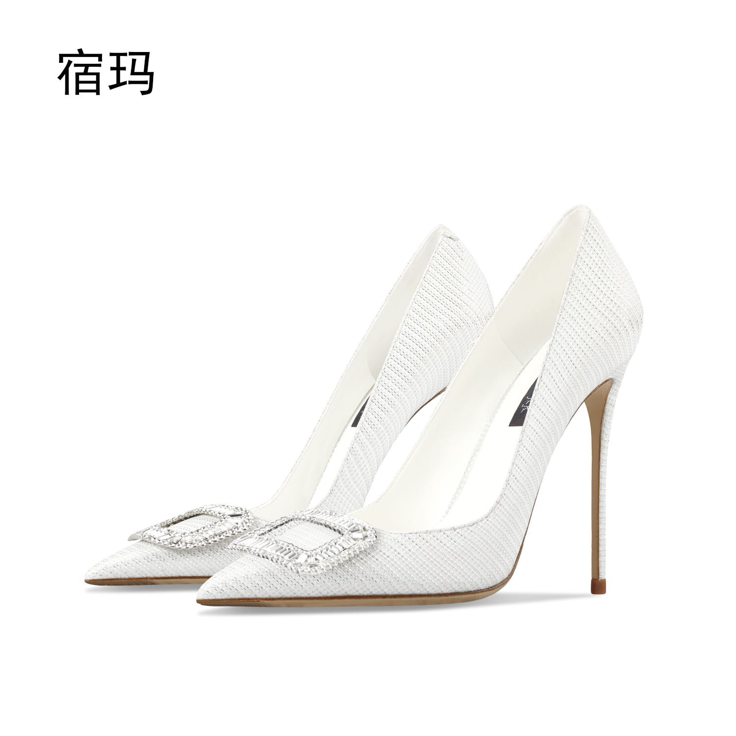 白色格利特方扣水钻高跟鞋女2025年新款尖头浅口细跟百搭时尚单鞋