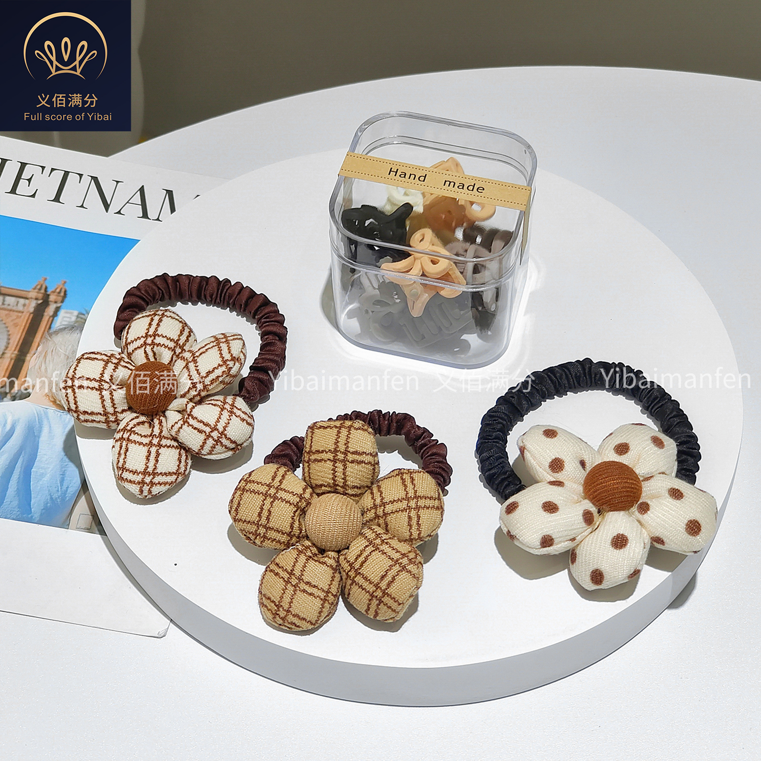 义佰满分发饰组合13件布艺花朵头绳盒装磨砂小抓夹