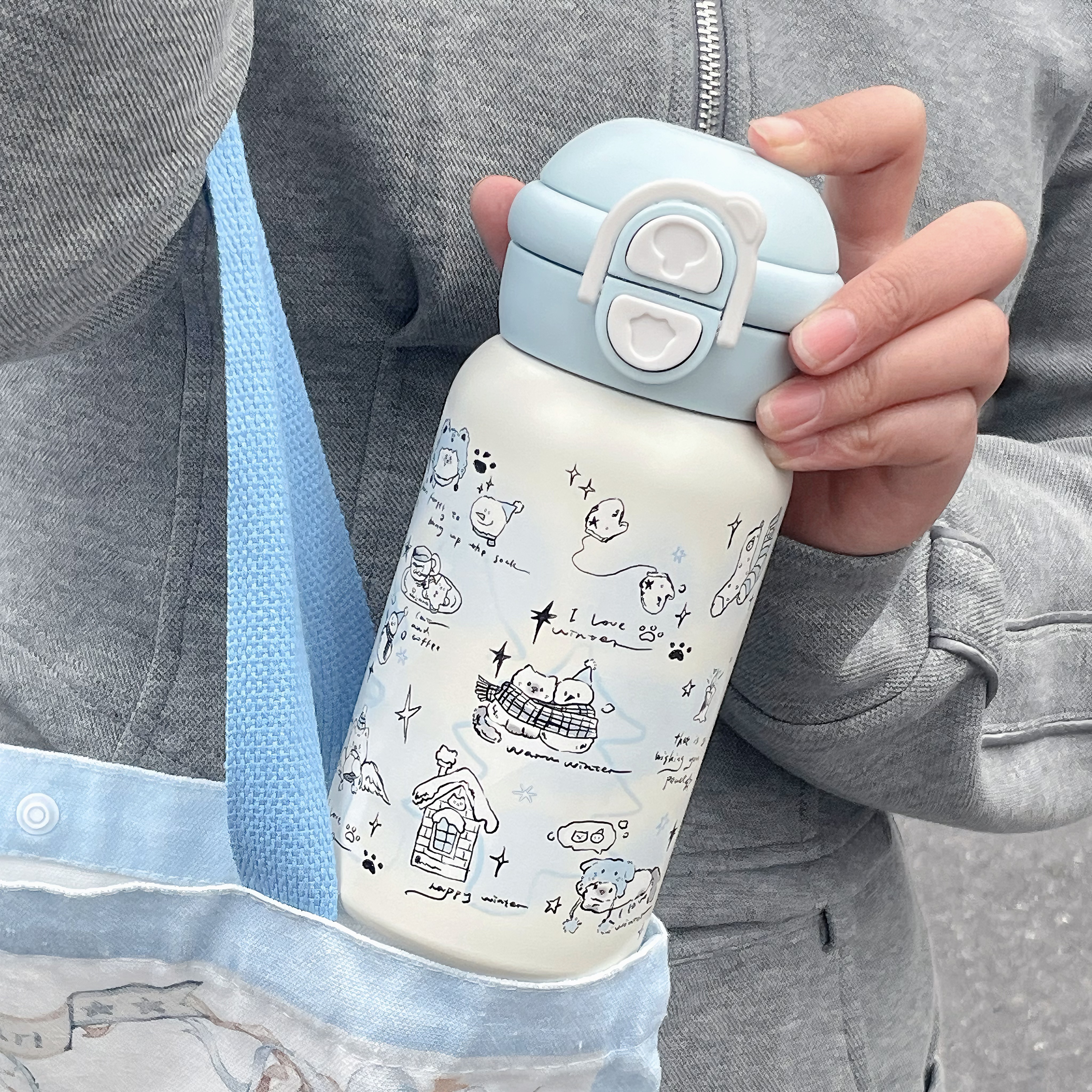 恒度雪人猫咪316不锈钢保温杯女生高颜值学生2025新款吸管水杯子