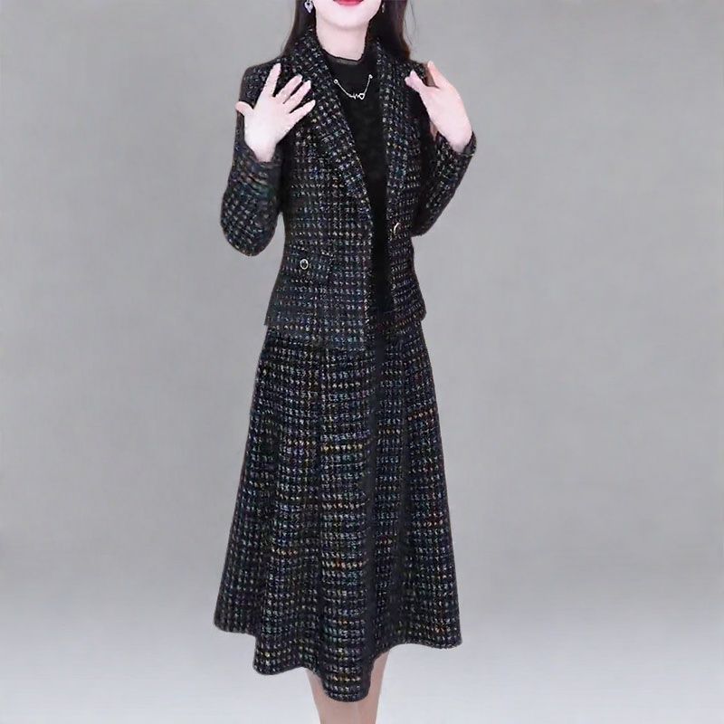 2025秋季新款时尚西装套装裙女洋气西服外套蕾丝拼接连衣裙两件套