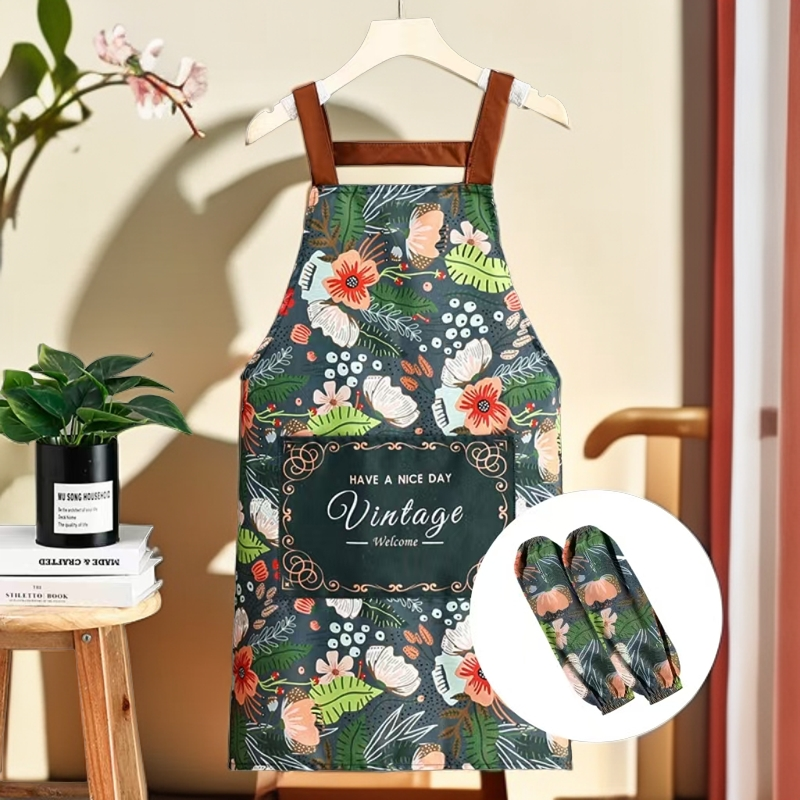 【9.9元围裙+套袖】印花大口袋防油污帆布围裙套袖家用做饭透气围裙