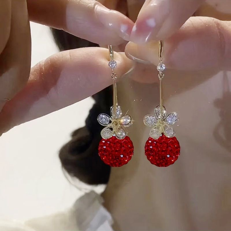 轻奢高级感红钻球锆石花朵长款耳环女网红优雅气质显脸瘦耳饰