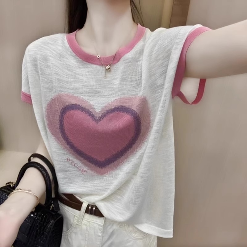 设计感拼色爱心图案冰丝针织衫夏季新款圆领宽松短袖T恤套头上衣