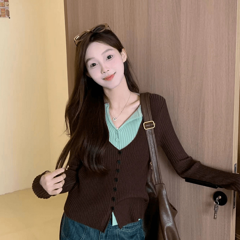 设计感撞色假两件V领针织开衫女早秋季新款修身内搭坑条毛衣上衣