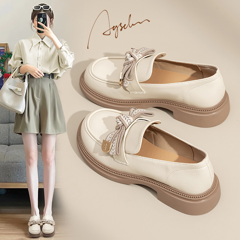 奥古狮登白色乐福鞋女2025新款春秋英伦风小皮鞋一脚蹬厚底jk单鞋