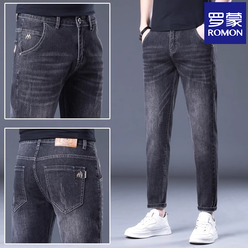 罗蒙高端九分牛仔裤男士秋季潮牌流刺绣弹力修身小脚休闲裤子春秋