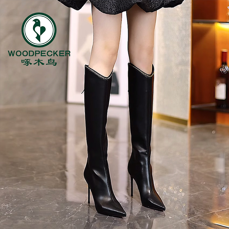 woodpecker/啄木鸟不过膝高跟长靴2025显瘦后拉链气质百搭高筒靴