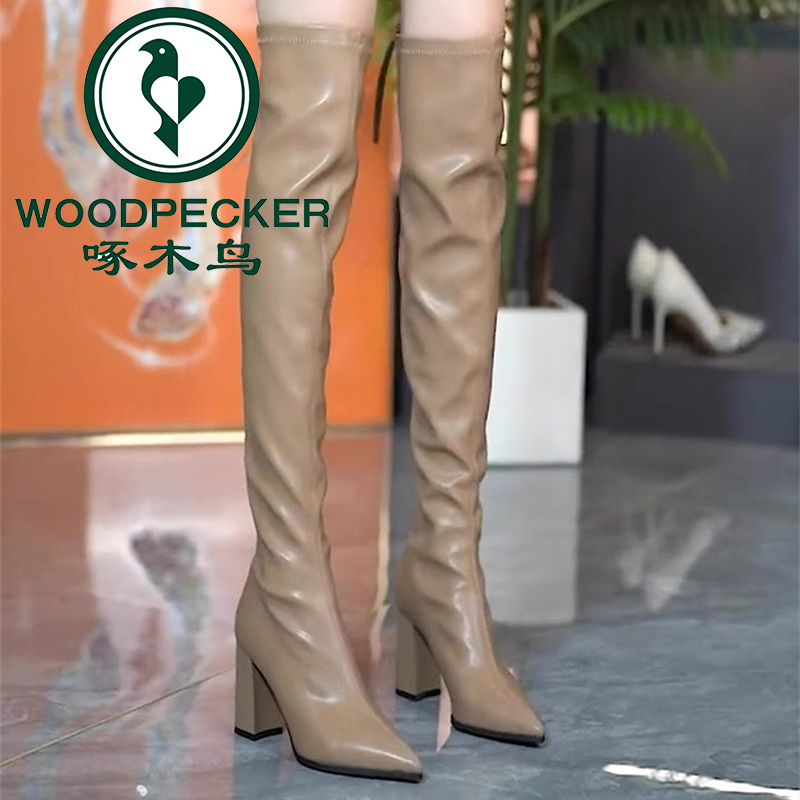 woodpecker/啄木鸟加绒过膝长靴女2025冬季新款后拉链粗跟骑士靴
