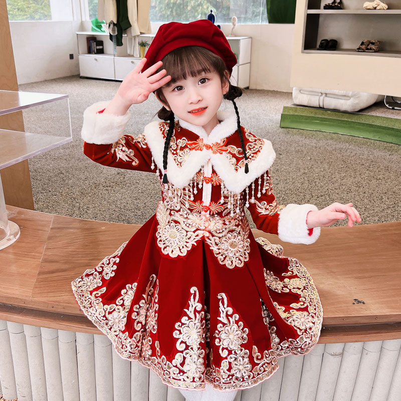 女童旗袍连衣裙冬季2026新款儿童洋气冬装红色公主裙子中国风唐装