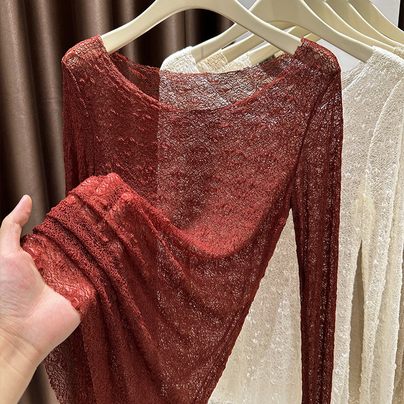 纯欲大领口内搭网纱罩衫女装爆款轻薄微透蕾丝打底衫镂空小衫上衣