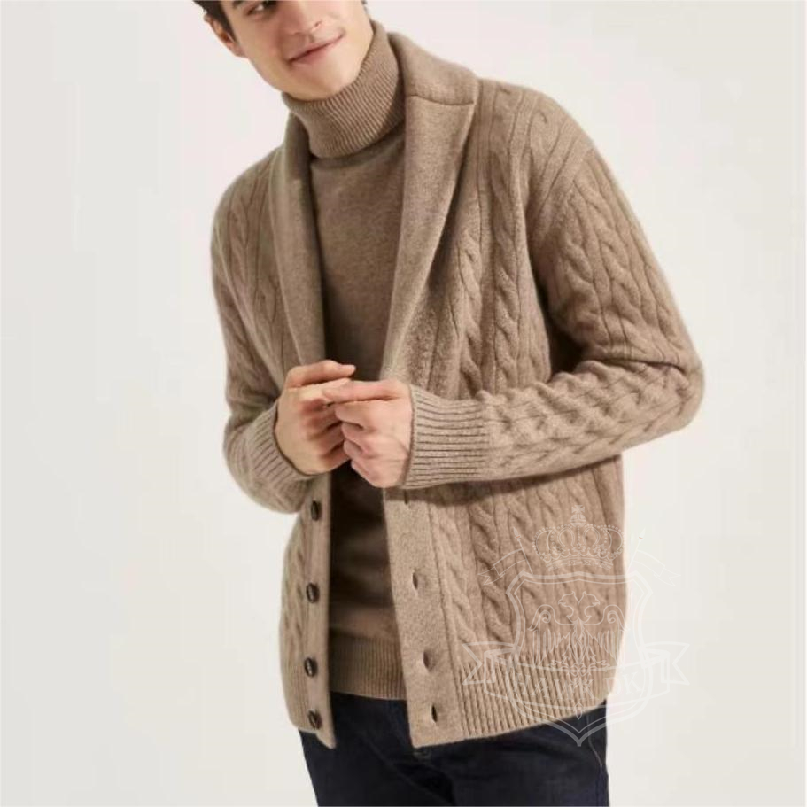 Hawkdk青果领羊毛衫100%纯羊绒翻领保暖纯色宽松保暖男针织衫外套