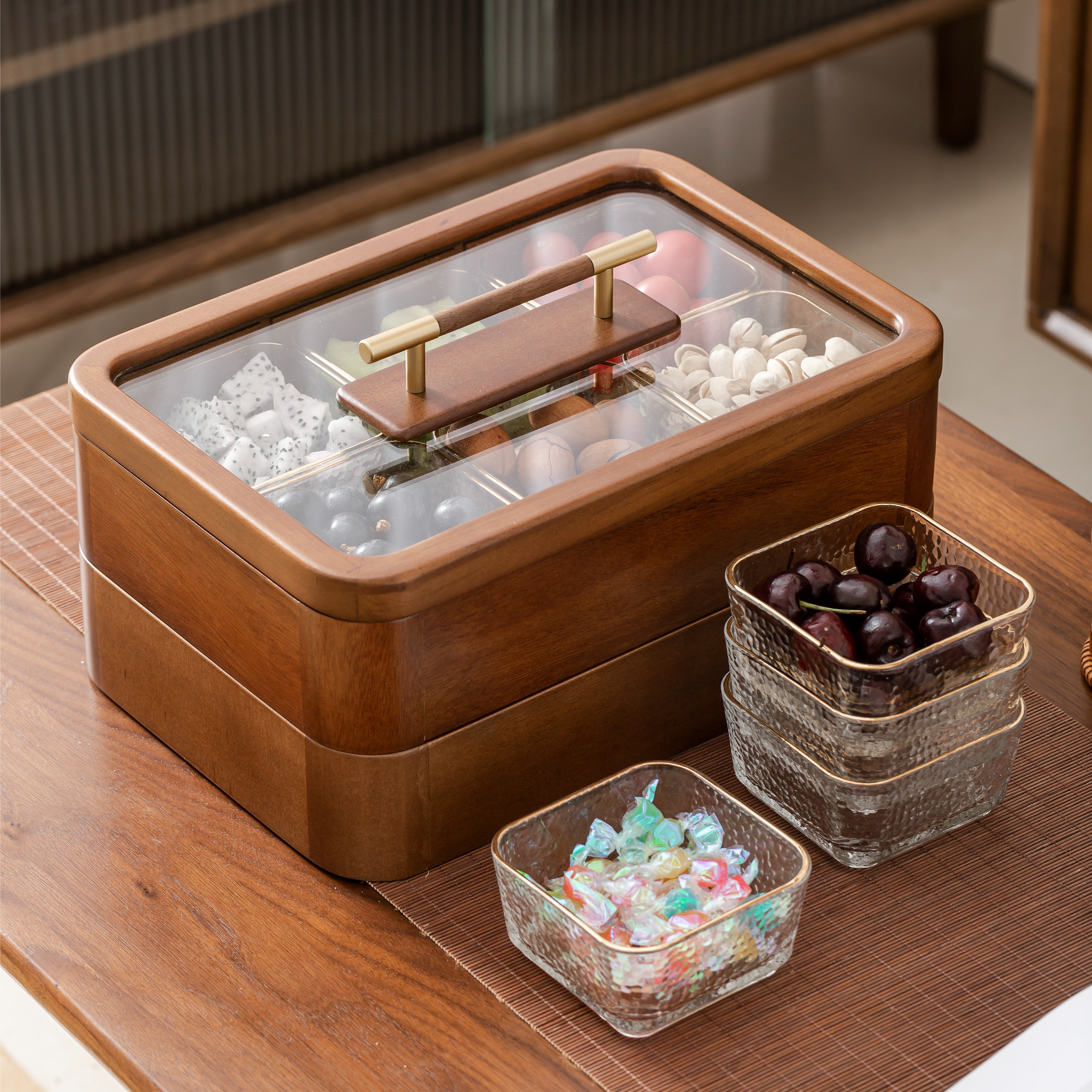 森物社玻璃碗实木托盘果盒水果盘中式围炉煮茶家用果盘零食收纳盘