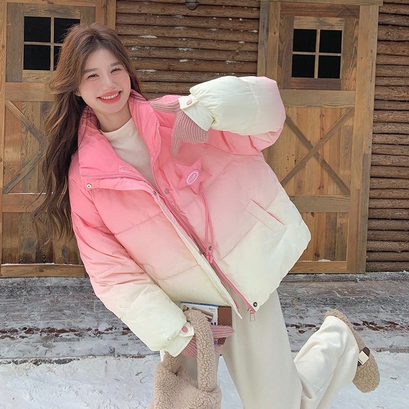 设计感渐变粉色短款羽绒服女2025年冬季新款小个子白鸭绒立领外套
